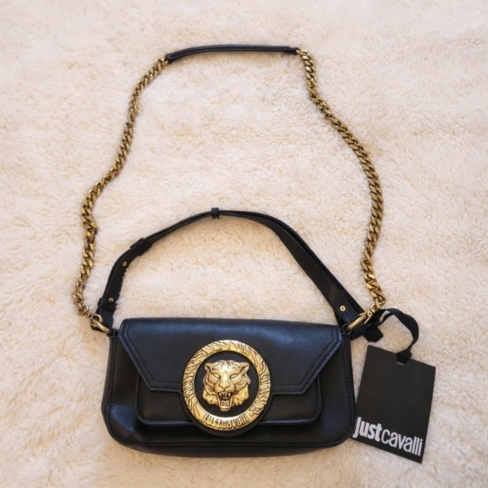 NWT Just Cavalli Black Tiger Head Plaque Convertible Crossbody Clutch Gold Chain - Picture 2 of 16
